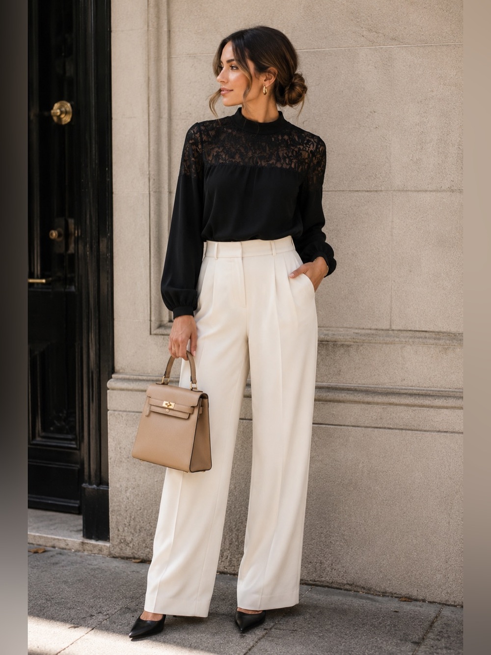 Wrapper Black Lace Yoke Mock Neck Blouse Long Sleeve Career Top Minimalist Chic